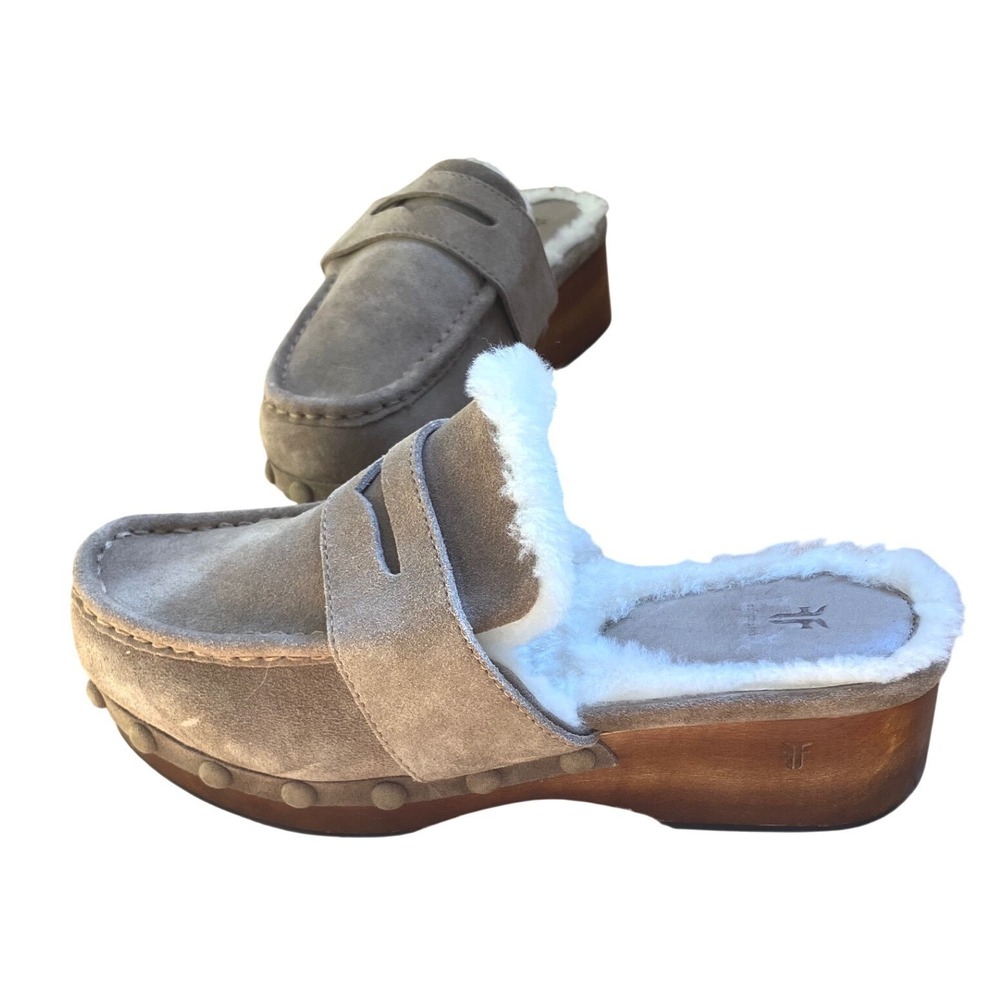 Frye Melody Suede Shearling Lined Clogs in Mushroom Walnut 10M Boho Festival - Picture 3 of 8